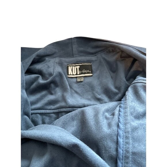 Kut Blue Suede Jacket Blue Open Draped Faux Suede Fall Trendy Stretchy Small - Picture 8 of 9